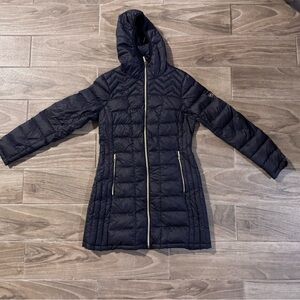 Michael Kors packable Puffer Jacket, 3/4 length, gold zippers, hooded, black, S
